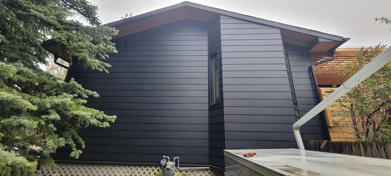 Close-up detail of black horizontal lap siding with cedar fascia trim
