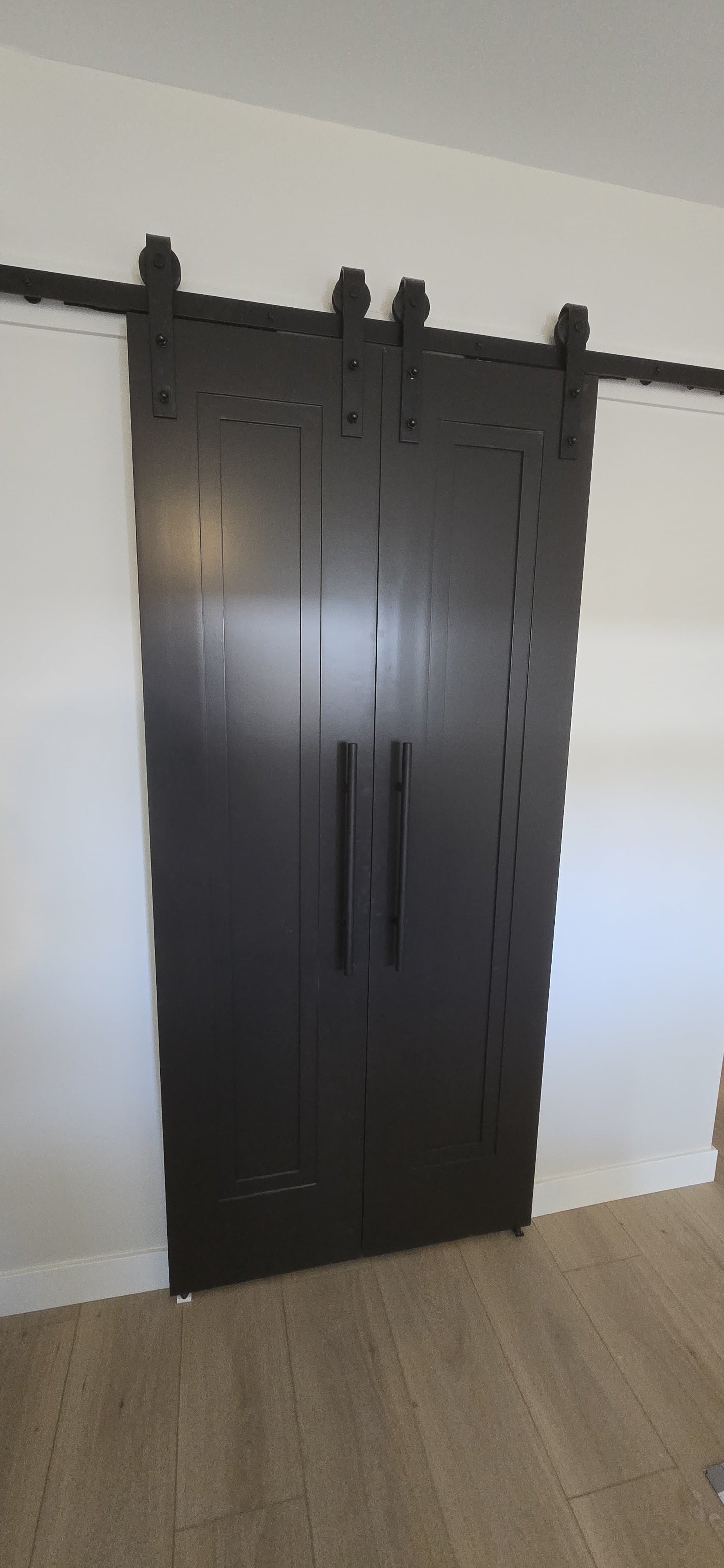 Matte black double sliding barn door on exposed rail hardware