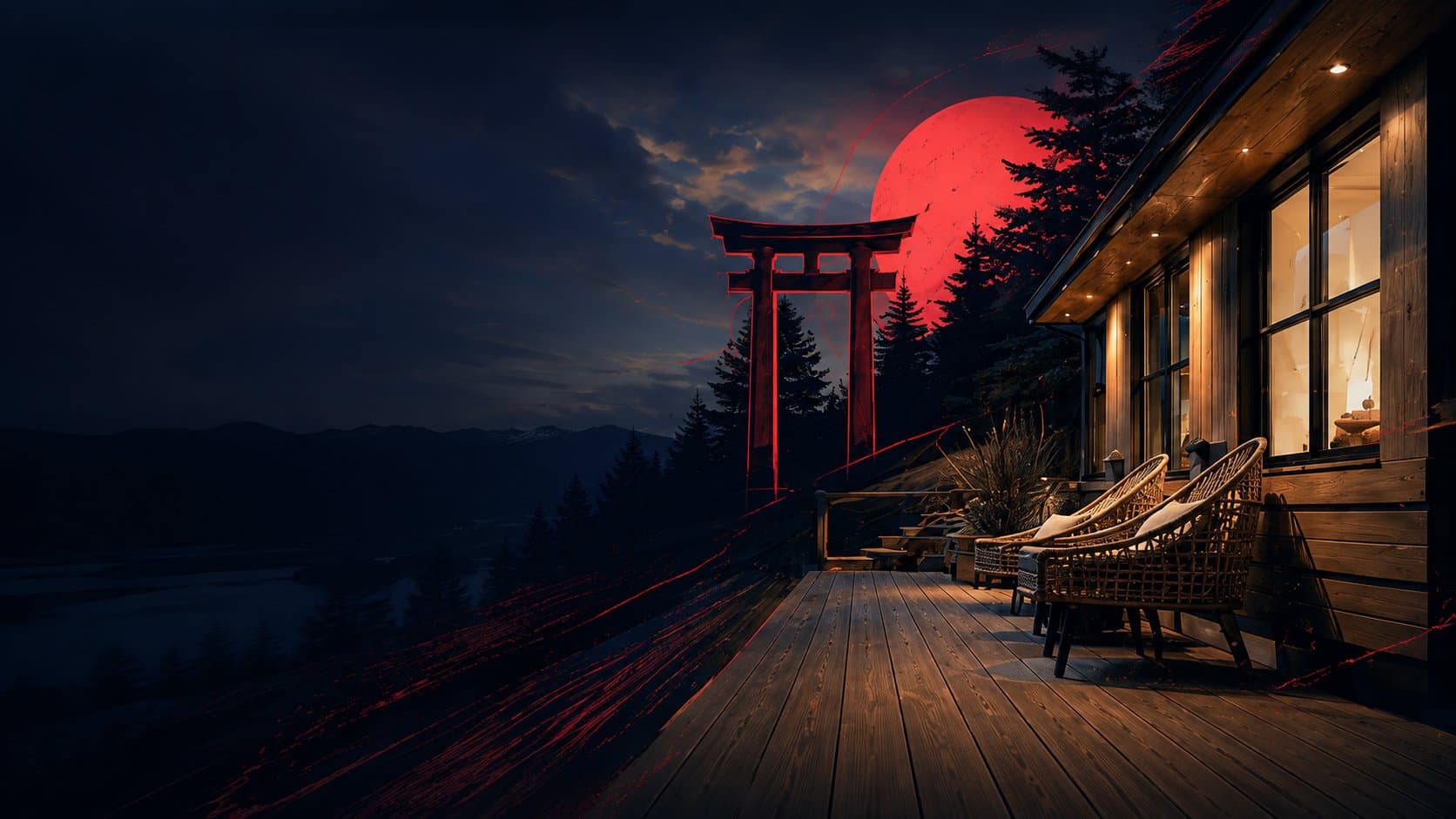 Illustrated night scene of a red moon and torii gate rising beside a warm-lit timber cabin deck in the mountains