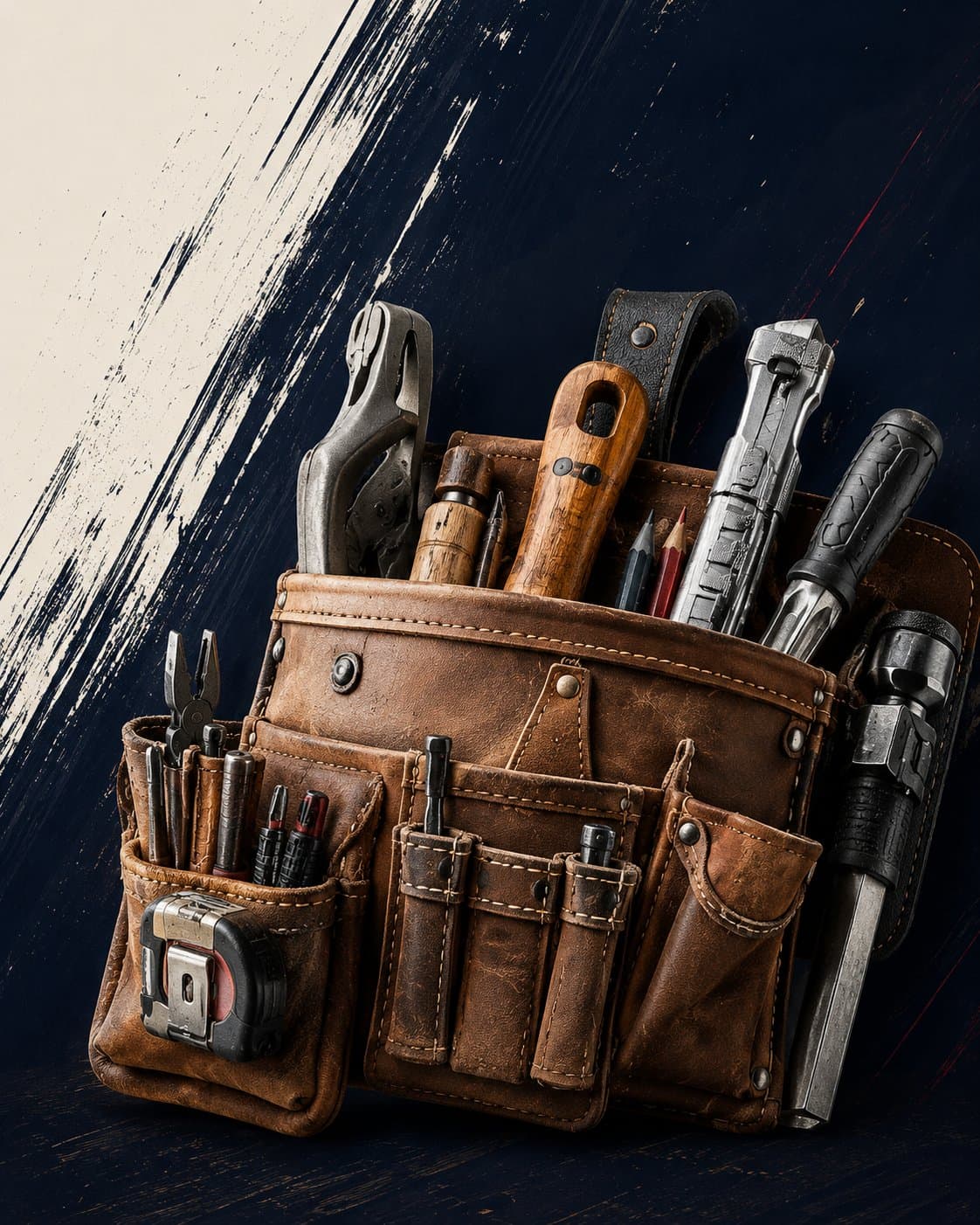 Leather carpenter's tool belt filled with hand tools against an ink-brushed navy backdrop